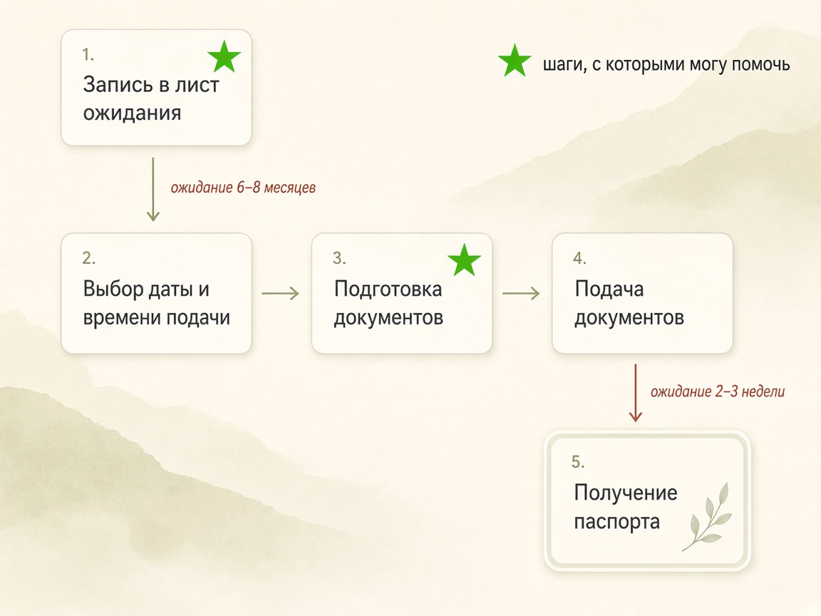 Схема пути: запись, ожидание 6–8 месяцев, выбор даты, подготовка и подача документов, ожидание 2–3 недели, получение паспорта. Зелёные звёздочки — шаги, с которыми могу помочь.